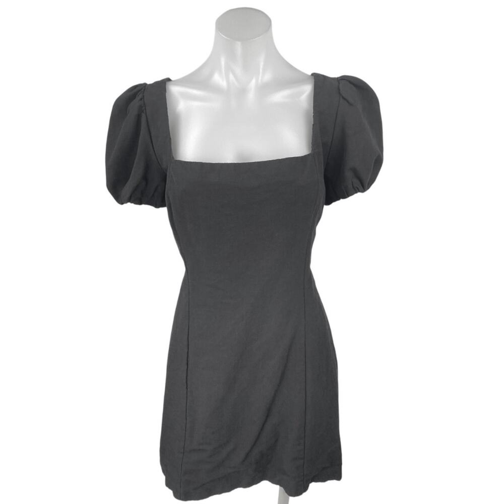 Zara Black Short Puff Sleeve Lace Up Back Square Neck Mini A Line Dress Size XL
